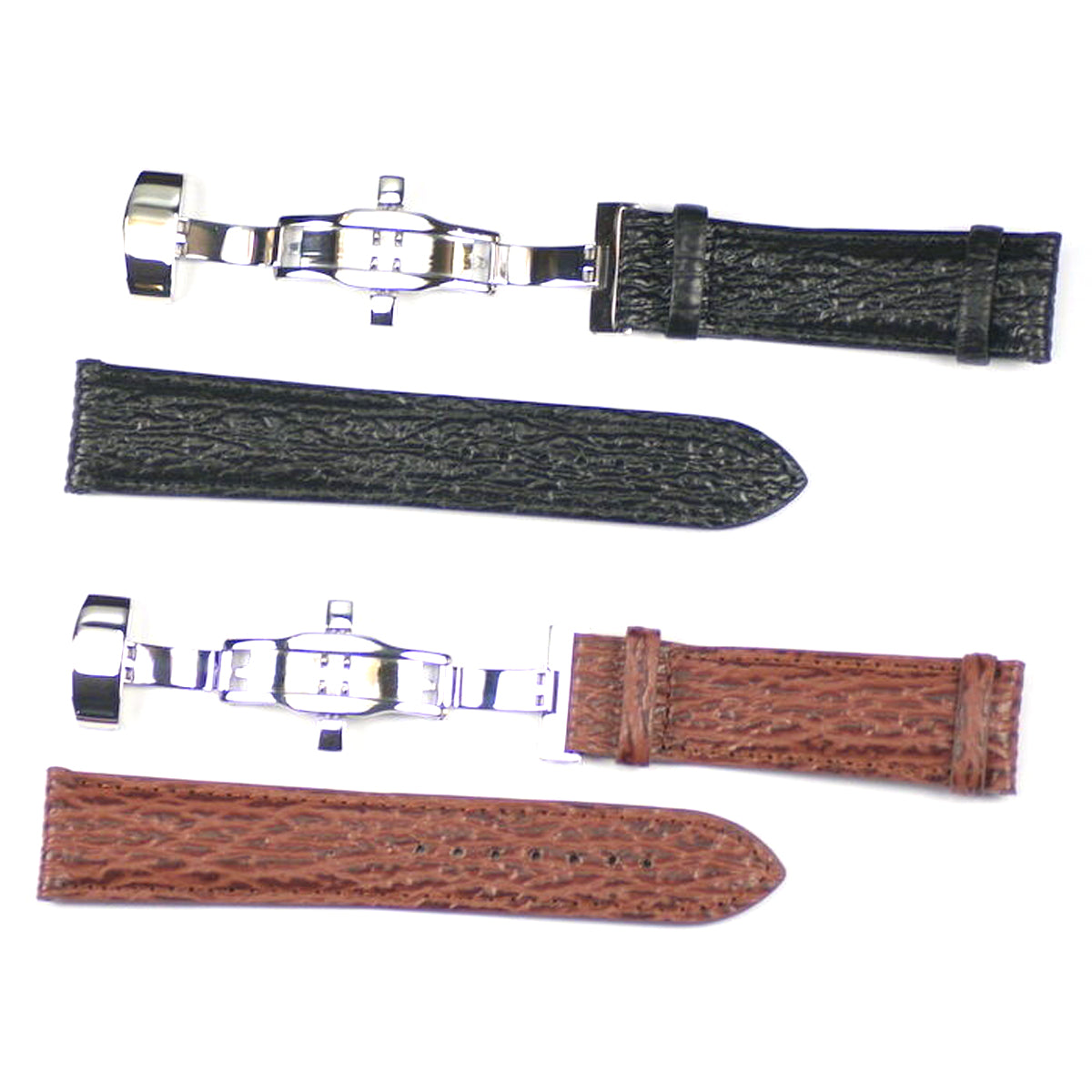 Leather strap shark grain with deployment buckle watch band black brown 16-22mm